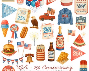 アメリカ合衆国のクリップアートPNG画像30点セット | 2026年7月4日 | アメリカ建国250周年記念クリップアート | 愛国的なステッカー | 独立記念日PNG | 商用利用可