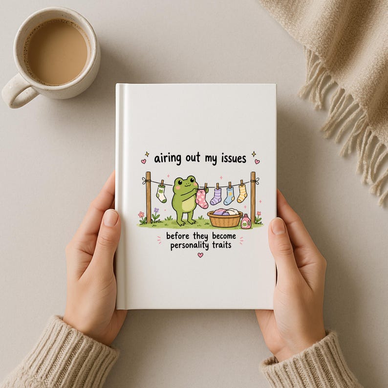 Puede incluir: Un diario blanco con el texto "airing out my issues before they become personality traits" y una rana de dibujos animados colgando calcetines en un tendedero. Una taza de caf&eacute; est&aacute; en la esquina superior izquierda.