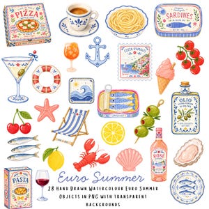 Euro Summer Clipart Set – 28 Hand-Drawn Watercolor PNGs with Transparent Backgrounds – Amalfi Coast, Mediterranean, Italian Illustrations