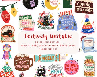 24 Funny Christmas PNG Clipart Bundle | Festive Mental Health Illustrations | Sarcastic PNG, Sticker & Sublimation Designs | Commercial Use