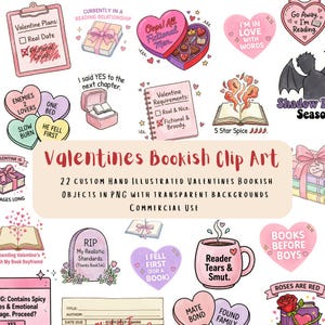 May include: A collection of Valentine's Day-themed clip art featuring bookish elements. Includes hearts, books, a tombstone, and a coffee mug with text. The color palette is primarily pink, red, and white, with some black accents. The text includes phrases like "Fictional Crush" and "Reader Tears & Smut."