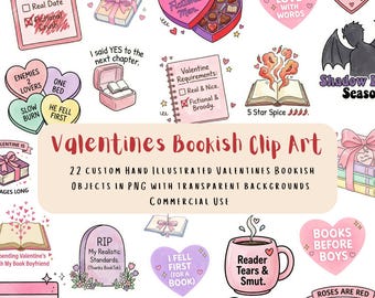 Valentines Bookish Clip Art | 22 PNGs for Book Lovers | Romance Reader Stickers | Transparent Background |Valentine Clipart | Download