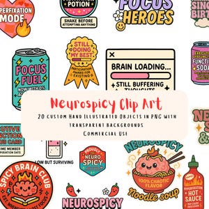 Op de afbeelding: Een verzameling kleurrijke clip art met diverse ontwerpen, waaronder een hersen, een blikje Focus Fuel en de tekst "Neurospicy Clip Art". De ontwerpen zijn handgetekend en geschikt voor commercieel gebruik.