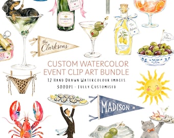 Custom Watercolor Event Illustrations | Personalized Bachelorette, Wedding, Anniversary & Birthday Clip Art | 12 Custom PNG Graphics