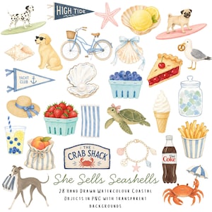 Può includere: Una collezione di 28 illustrazioni costiere ad acquerello disegnate a mano che includono cani su tavole da surf, una bicicletta blu, un gabbiano con un pretzel, una fetta di torta alle ciliegie, un granchio, una conchiglia con perla e fragole.