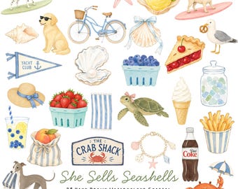 She Sells Sea Shells Coastal Clip Art Bundle – 28 Hand-Drawn Watercolor PNGs with Transparent Backgrounds – Coastal Summer Illustrations