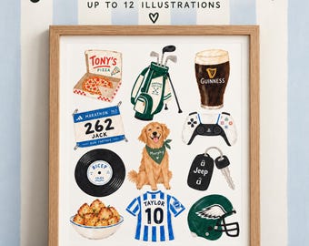 Personalised Favourite Things Print | Custom Watercolour Illustration | Up to 12 Favourite Things | Unique Gift for Him or Her