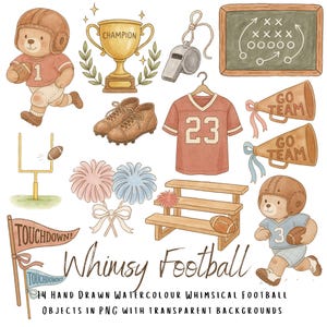 Puede incluir: Ilustración en acuarela de elementos de fútbol caprichosos. Incluye un trofeo, una camiseta de fútbol con el número 23, un balón de fútbol, pompones y dos osos de peluche con equipamiento de fútbol. También está presente el texto "Whimsy Football".