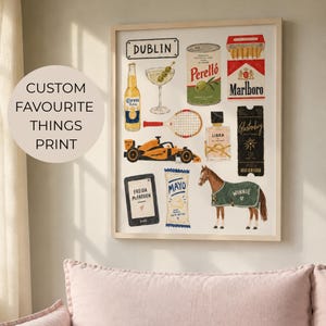 May include: A framed art print featuring a collection of illustrated items including a Corona bottle, a martini glass, a Perelló olive tin, a pack of Marlboro cigarettes, a tennis racket, a Libra perfume bottle, a Glastonbury ticket, a race car, a Kindle, a mayo packet, and a horse wearing a blanket labelled Winnie.