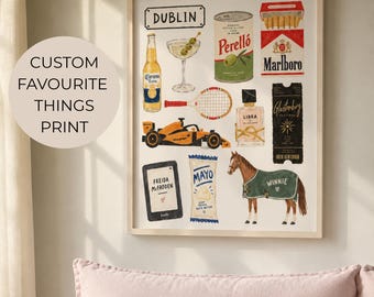 Personalised Favourite Things Print | Custom Watercolour Illustration | Up to 12 Favourite Things | Unique Gift for Him or Her