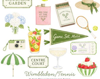 Paquete de imágenes prediseñadas de Wimbledon en acuarela / 16 objetos de tenis dibujados a mano en formato PNG / Estética de club de campo elegante / Uso comercial