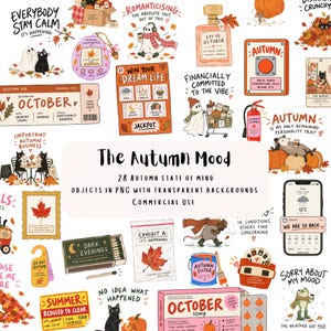 Peut inclure: Une collection de 28 illustrations numériques présentant des motifs sur le thème de l'automne, notamment des fantômes, des chats, des citrouilles et du texte saisonnier. Les graphiques incluent une carte d'embarquement, un flacon de médicaments.