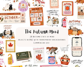 Funny Autumn Watercolor Clipart Bundle | 28 Fall Mood PNG Illustrations | Cozy Spooky Season & Autumn Graphics | Commercial Use