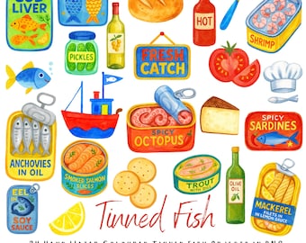 Tinned Fish Clipart – 24 Hand-Drawn Watercolour PNGs with Transparent Backgrounds – Sardines, Mackerel, Anchovies & Packaging Illustrations