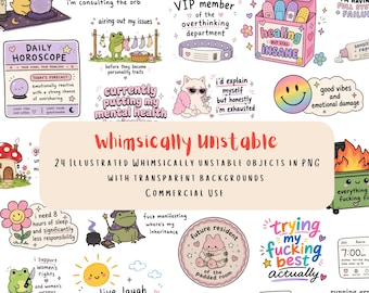 24 Whimsically Unstable PNG Bundle | Funny Mental Health Clipart | Cute Dark Humor PNGs | Unhinged Kawaii Stickers | Commercial Use