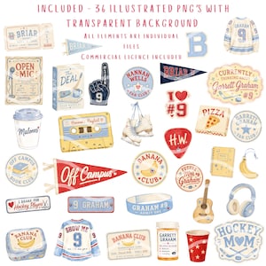 Puede incluir: Una colecci&oacute;n de 36 archivos PNG digitales ilustrados con varios iconos de tem&aacute;tica deportiva y universitaria, incluyendo camisetas de hockey, banderines, cintas de casete, tazas de caf&eacute; y pegatinas con texto como Briar, Off Campus y Banana Club.