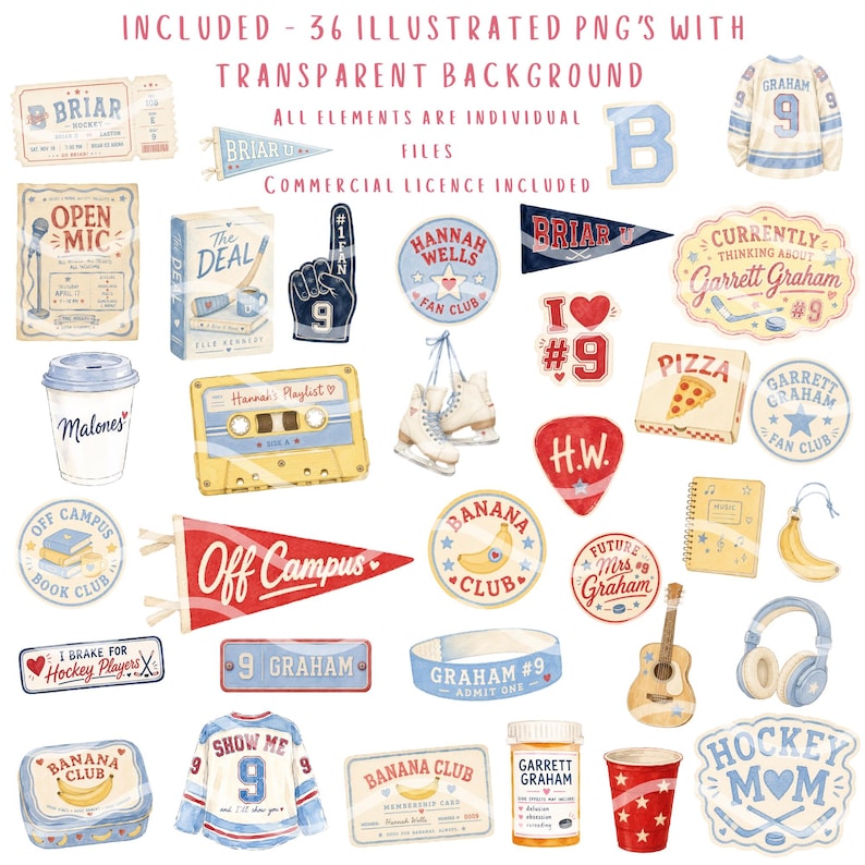 Puede incluir: Una colecci&oacute;n de 36 archivos PNG digitales ilustrados con varios iconos de tem&aacute;tica deportiva y universitaria, incluyendo camisetas de hockey, banderines, cintas de casete, tazas de caf&eacute; y pegatinas con texto como Briar, Off Campus y Banana Club.