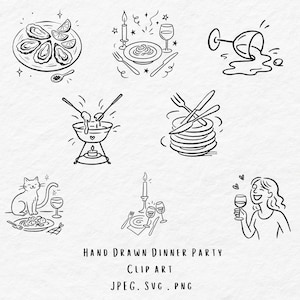 Puede incluir: Ilustraciones en blanco y negro dibujadas a mano de elementos de una cena. Incluye ostras, pasta, una copa de vino derramada, fondue, platos apilados, un gato con comida, una mesa y una persona bebiendo vino. El texto dice "Hand Drawn Dinner Party Clip Art".