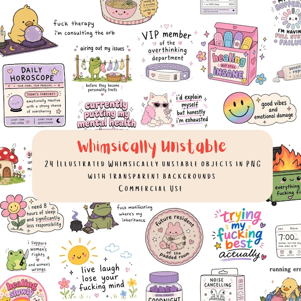 24 grillig onstabiele png-bundel | Grappige geestelijke gezondheid-clipart | Leuke png's met donkere humor | Losgeslagen kawaiistickers | Commercieel gebruik