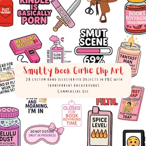 Puede incluir: Una colecci&oacute;n de 28 im&aacute;genes predise&ntilde;adas ilustradas a mano con fondos transparentes. Las im&aacute;genes incluyen texto como "Smut Scene", "Red Flag Detector" y "Closed for Book Boyfriend Time". El clip art est&aacute; dise&ntilde;ado para uso comercial.