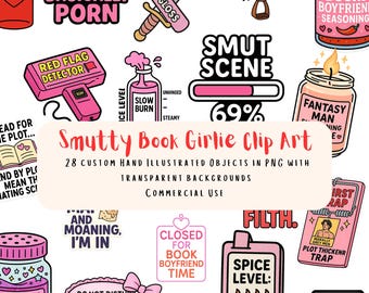 28 Smutty Book Lover Clip Art | Spicy Romance PNG Bundle | Kindle Girl Aesthetic | Funny Bookish PNGs for Sublimation & Crafting