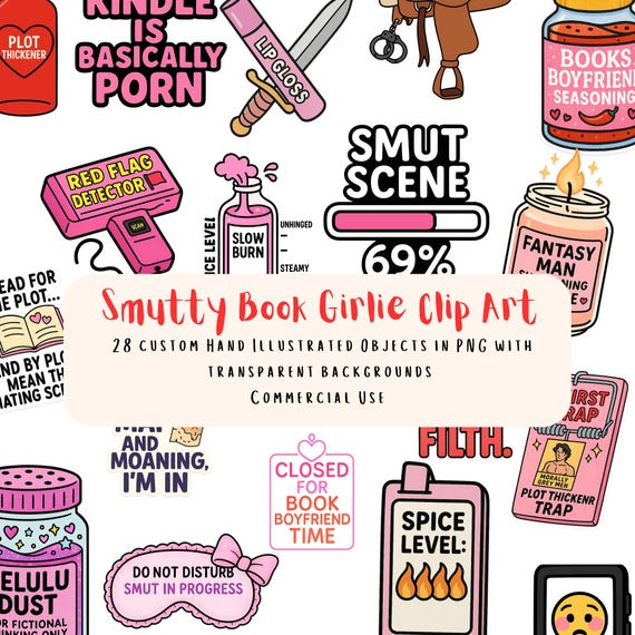 28 Smutty Book Lover Clip Art | Spicy Romance PNG Bundle | Kindle Girl Aesthetic | Funny Bookish PNGs for Sublimation & Crafting