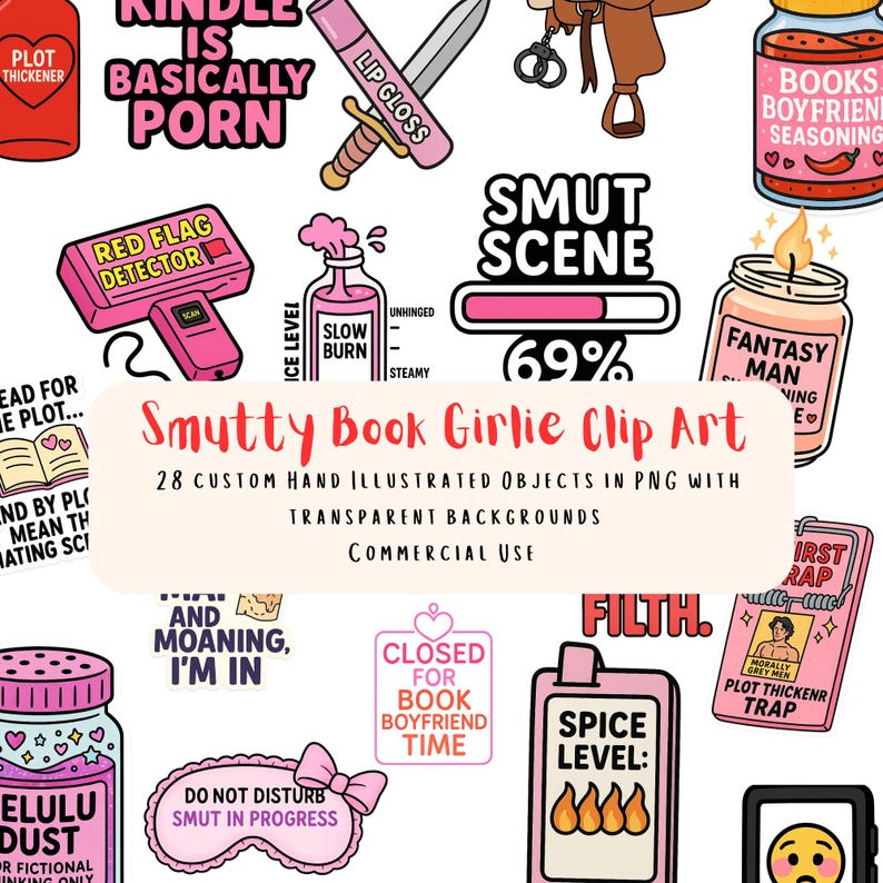 Puede incluir: Una colecci&oacute;n de 28 im&aacute;genes predise&ntilde;adas ilustradas a mano con fondos transparentes. Las im&aacute;genes incluyen texto como "Smut Scene", "Red Flag Detector" y "Closed for Book Boyfriend Time". El clip art est&aacute; dise&ntilde;ado para uso comercial.