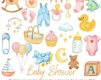 Clipart de Baby Shower: 24 PNG de acuarela dibujados a mano con fondo transparente: ilustraciones para fiestas de niña, niño y neutrales, invitaciones y decoración.