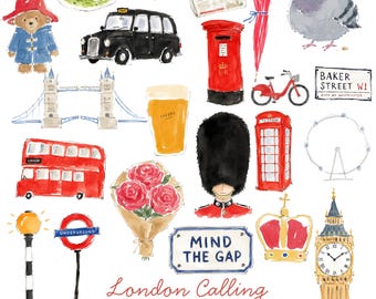 London Watercolor Clipart Bundle | 22 British PNG Illustrations | Big Ben, Red Bus, Black Cab & London Icons | Commercial Use