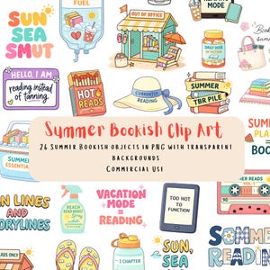 May include: A collection of summer-themed clip art featuring bookish elements. Includes illustrations of a beach shop, books, a sun hat, and text that reads "Summer Bookish Clip Art". The art is in PNG format with transparent backgrounds, perfect for digital projects.
