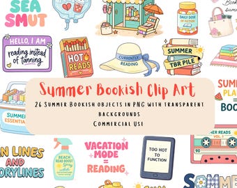 26 Summer Book Lover Clipart PNG Bundle | Bookish Summer Graphics | Summer Book Club Stickers |  | Commercial Use PNG | Digital Download