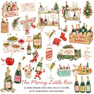 Puede incluir: Una colección de ilustraciones en acuarela dibujadas a mano que presentan artículos de bebidas con temática navideña, incluyendo botellas de champán, copas de cóctel, cajas festivas, una furgoneta decorada y aperitivos, etiquetada como The Merry Little Bar.
