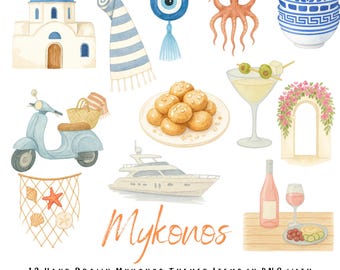 12 Mykonos Clipart PNG – Watercolour Greek Island Illustrations with Transparent Background – Mediterranean Travel, Coastal Food & Culture