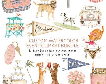 Custom Watercolor Event Illustrations | Personalized Bachelorette, Wedding, Anniversary & Birthday Clip Art | 12 Custom PNG Graphics