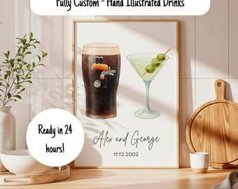 Couples Drink Illustration Print - Personalized Custom Portrait - Fun Beverage Art - Family Name Wall Decor - Gift for Couples