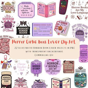 以下が含まれることがあります： PNG形式の、ホラーをテーマにした22個のイラストクリップアートのコレクション。デザインには、本、幽霊、コウモリ、「Horror Books Are My Love Language」などのテキストが含まれています。全体的なカラースキームは紫、ピンク、黒です。