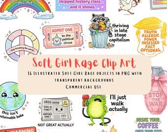 16 Soft Girl Rage Clipart Bundle, Political Sticker PNG Set, Feminist Clip Art, Anti War, Retro Cute Activist Stickers, Commercial Use
