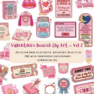 Op de afbeelding: Een verzameling roze en rode Valentijnsdag-clipart. Bevat een automaat, een jasje met een boek en hart, een pot met tranen, een telefoon met een hart en andere boeken-gerelateerde elementen.