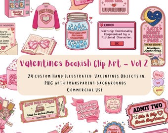 Bookish Valentines Clip Art Vol 2 – 24 Romantic PNGs for Readers, Transparent Background, Commercial Use