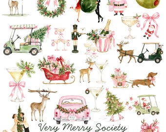 The Holiday Social Club Watercolor Clipart, 34 Preppy Christmas PNG Set, Festive Party Illustrations, Christmas Clip Art, Commercial Use