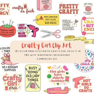 Crafty Girl Clip Art – 18 roliga hantverks-PNG:er, klistermärken med hett lim, estetik med mormors hobbyer, transparent bakgrund, kommersiellt bruk