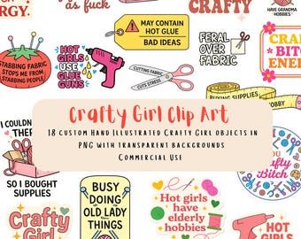 Crafty Girl Clip Art – 18 Funny Craft PNGs, Hot Glue Humor Stickers, Grandma Hobbies Aesthetic, Transparent Background, Commercial Use