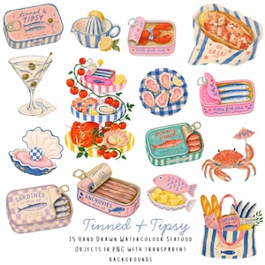 Tinned & Tipsy Clip Art Bundle – 15 Hand-Drawn Watercolor PNGs with Transparent Backgrounds – Mediterranean Summer Illustrations