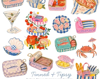 Tinned & Tipsy Clip Art Bundle - 15 handgezeichnete Aquarell PNGs mit transparenten Hintergründen - mediterrane Sommer Illustrationen