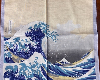 Vintage japonés sin usar La Gran Ola en Kanagawa Katsushika Hokusai Ukiyo-e pañuelo, tela de algodón