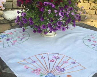 Vintage white linen and colourful floral hand embroidery tablecloth
