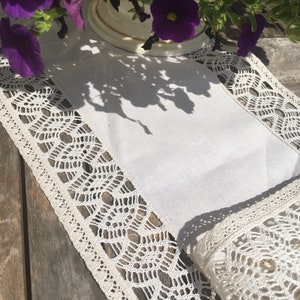 Vintage beige fine linen crochet lace table cloth