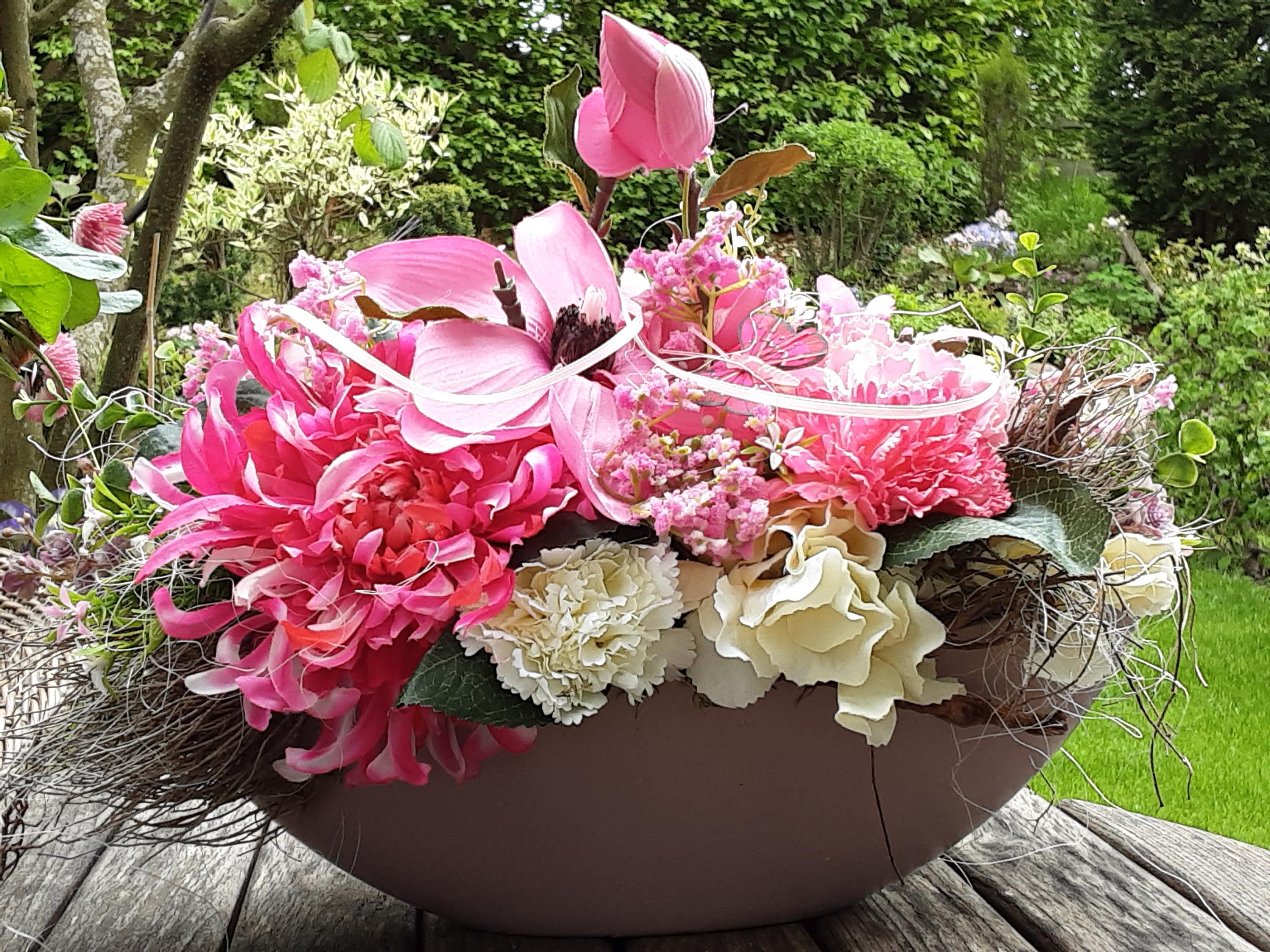 Farbenfrohe Blumenschale-Blumengesteck-Grabgesteck-Muttertag-Grabschmuck-Urnengrab-Gesteck- Grabschale-Beerdigung-Geburtstag-Gedenktag-Schale