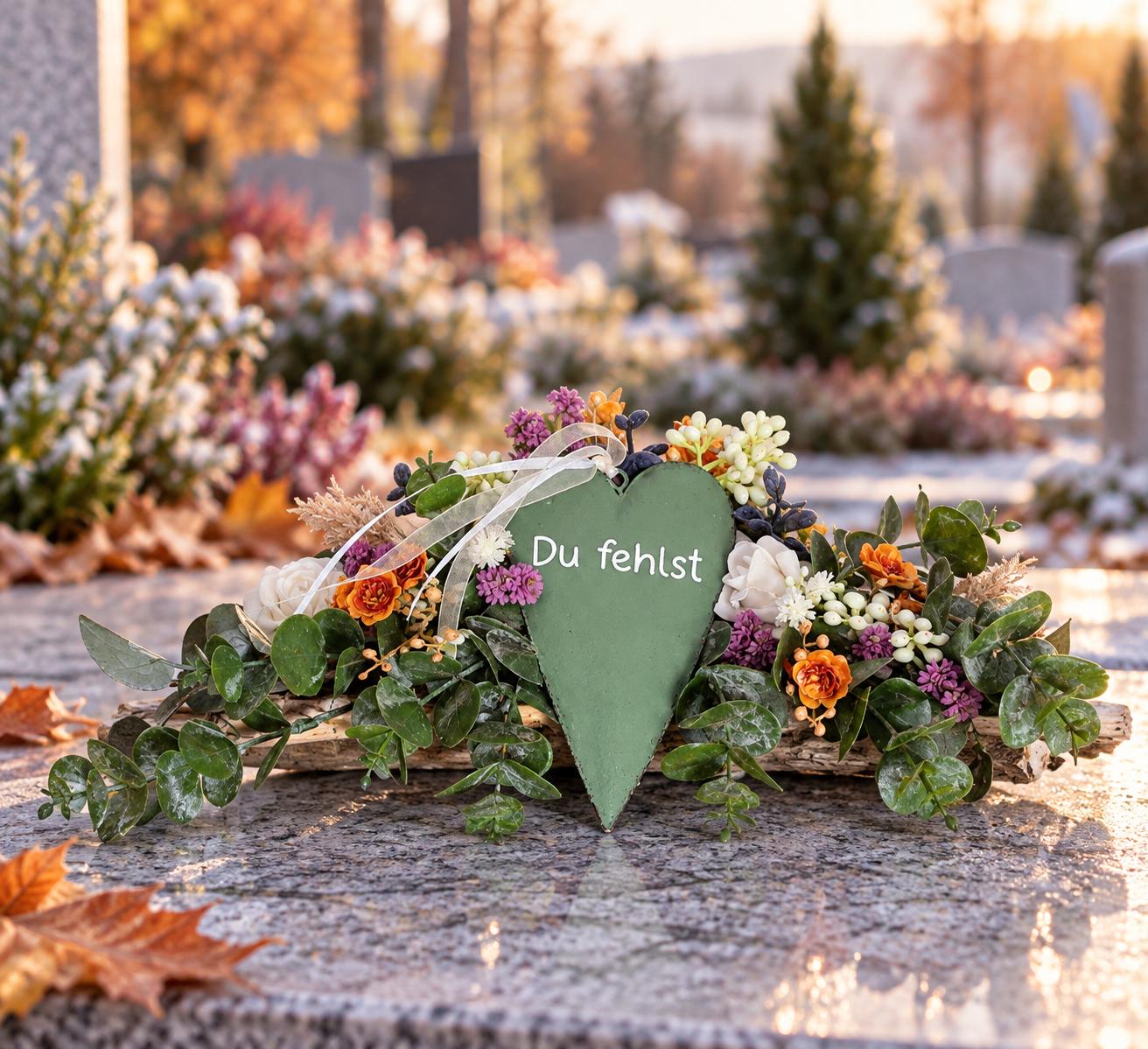 Schönes Grabgesteck länglich mit Herz-Eukalyptus-Grün-Rosen-Kindergrab-Urnengrab-Allerheiligen-Grabschmuck-Geburtstag-Gedenktag-Grabdeko