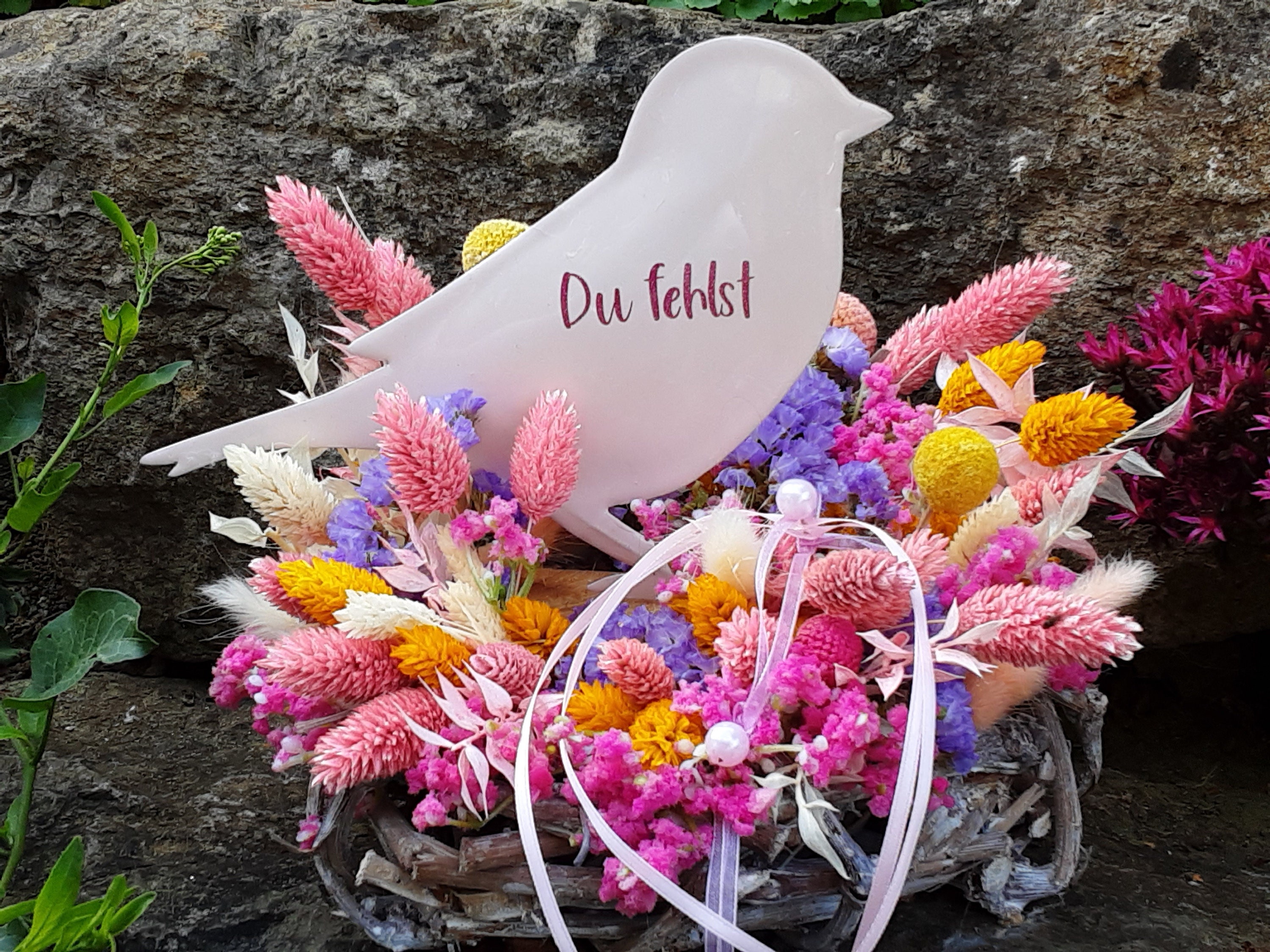 Grabgesteck-Grabschmuck-Trockenblumengesteck-Trockenblumen-Urnengrab-Gedenktag-Vogel Metall-Beerdigung-Grabschmuck Kind-Herzensmensch-Trauer